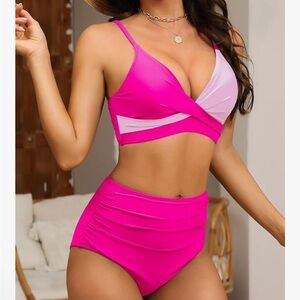 Gvaoo NWT XXL (XL good) light & dark pink highwaisted ruched push up bikini Set